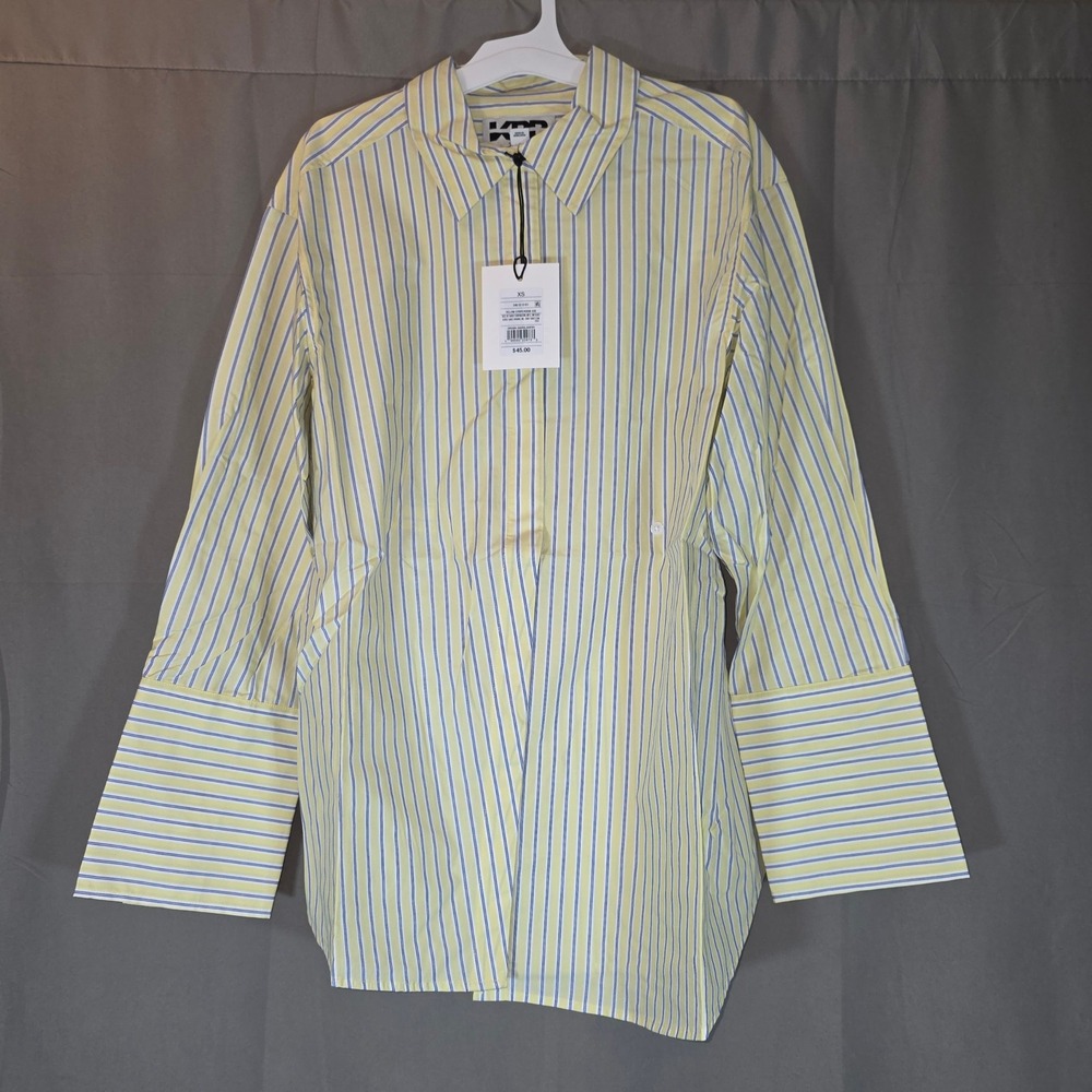 KBB by Kahlana Barfield Brown Yellow Blue Striped Oversized Cotton Shirt XS